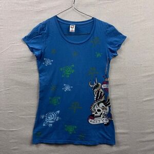 Ed Hardy Christian Audigier Womens Blue Tattoo Graphic Skull T-Shirt Size M